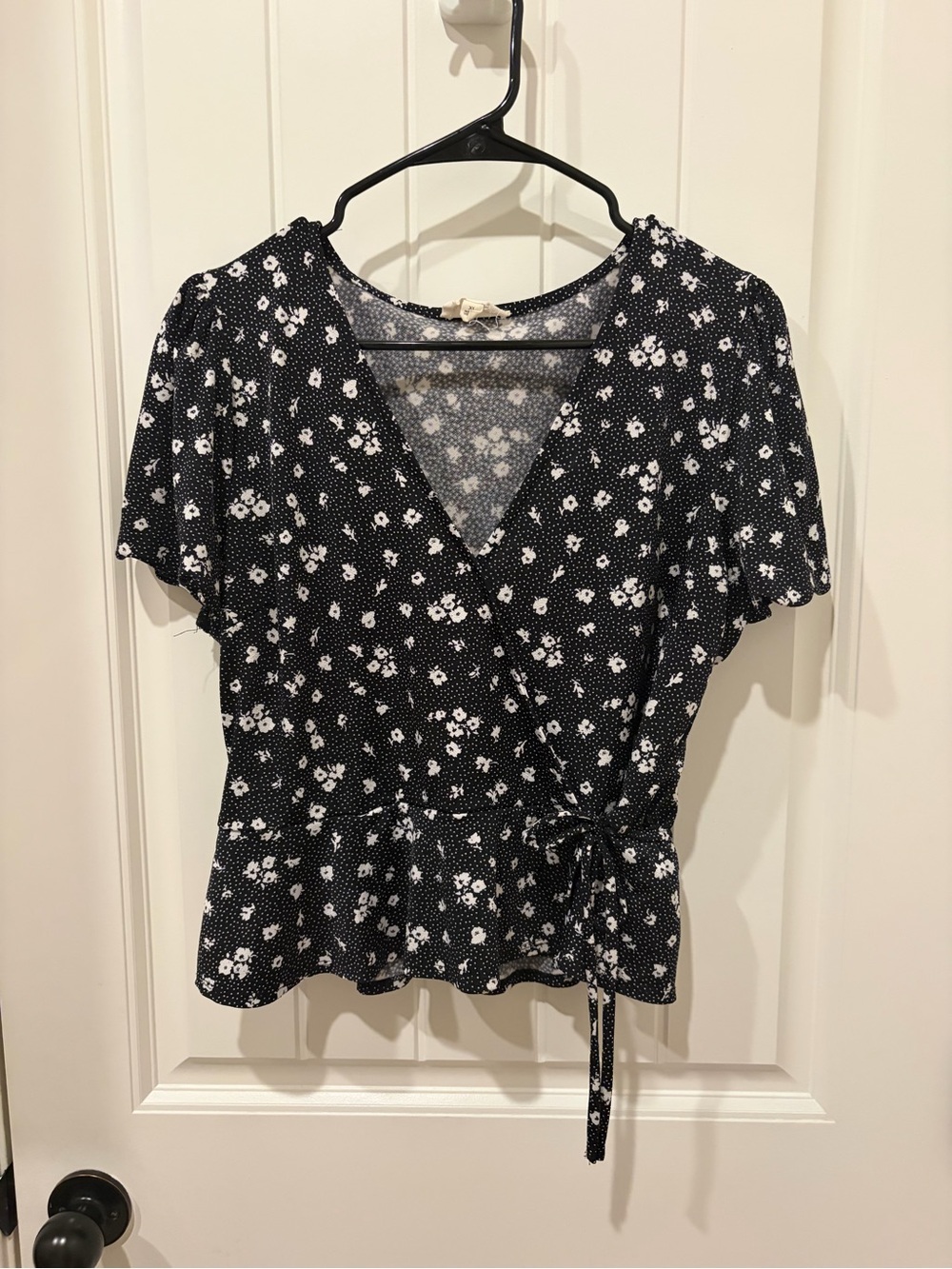 Meraki Black & White Floral Wrap Top